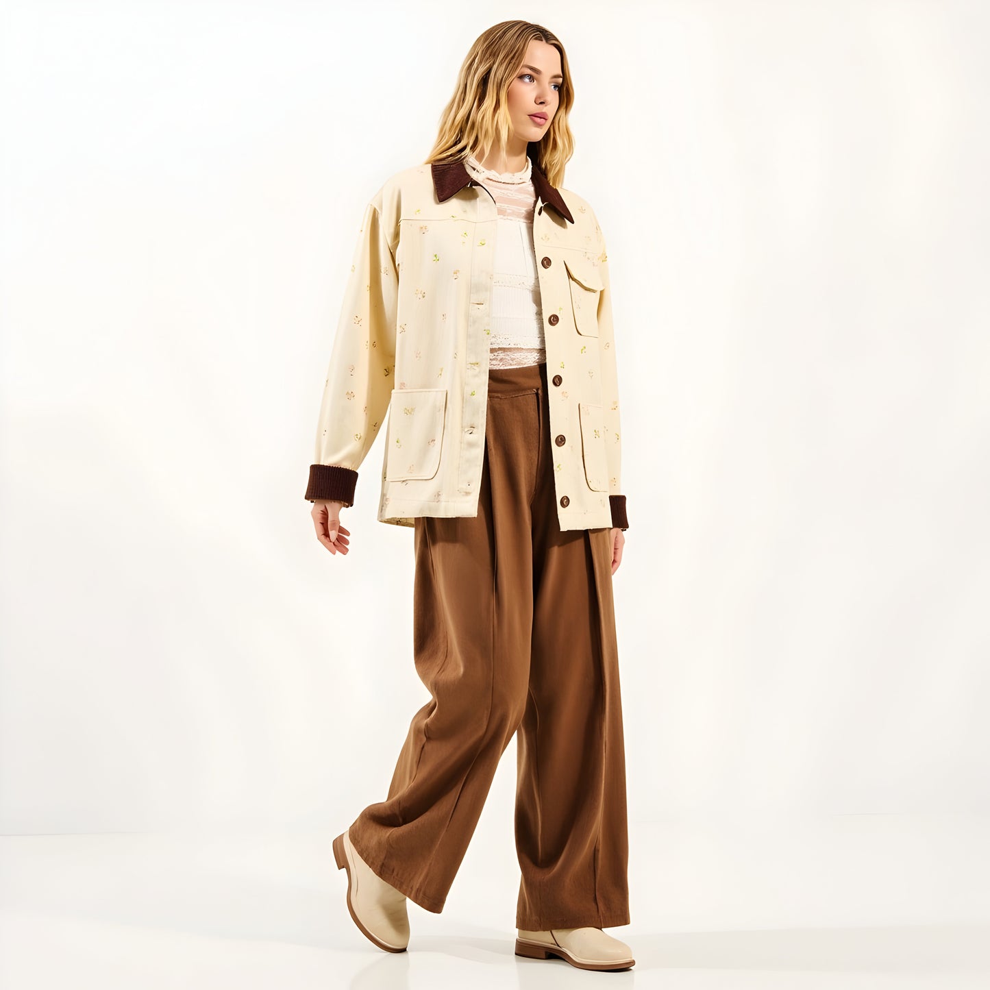 Floral Print Utility Jacket with Contrast Corduroy Collar and Cuffs