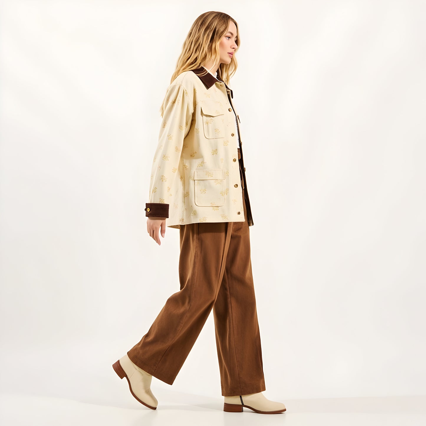 Floral Print Utility Jacket with Contrast Corduroy Collar and Cuffs