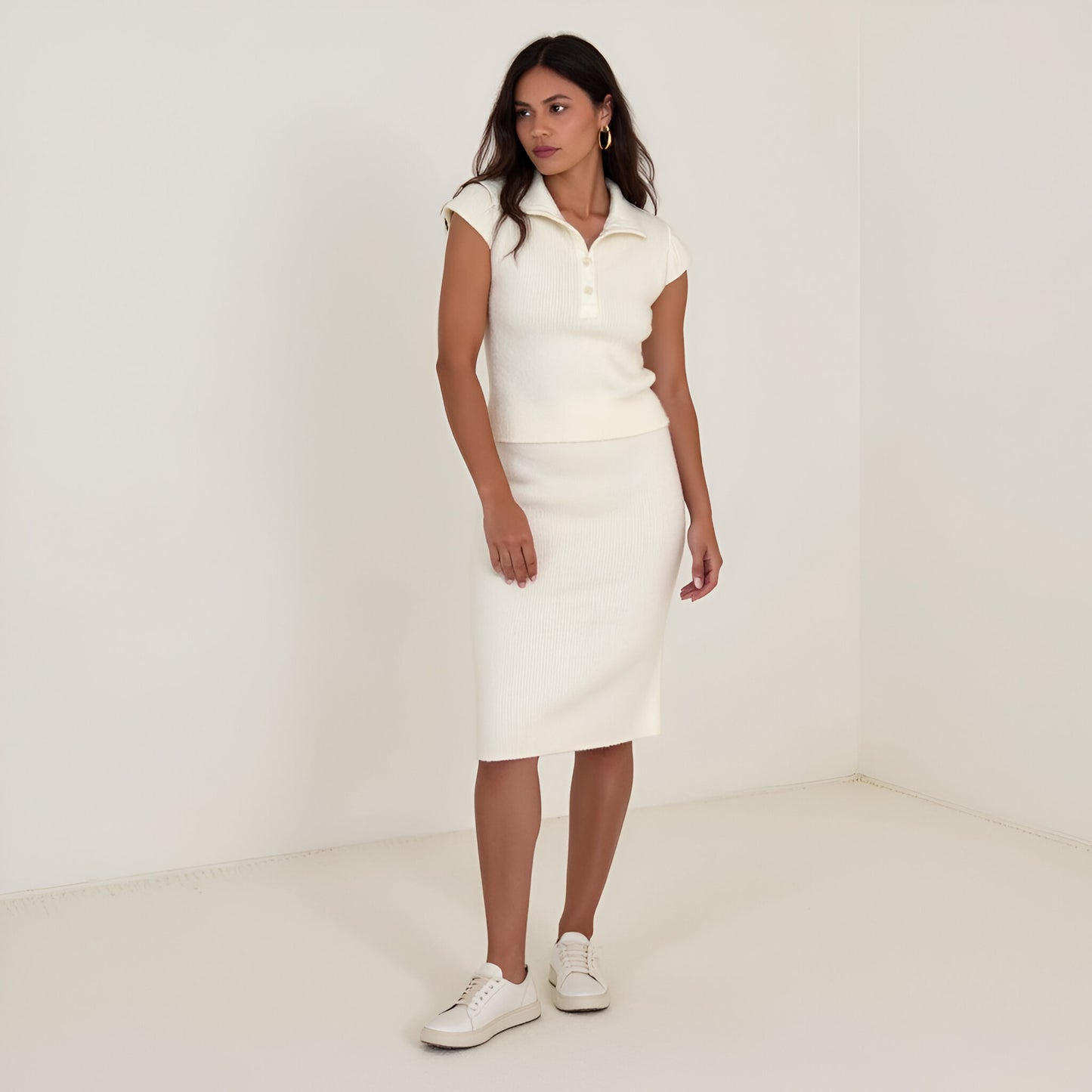 Knit Polo Top and Midi Skirt Set with Ribbed Texture