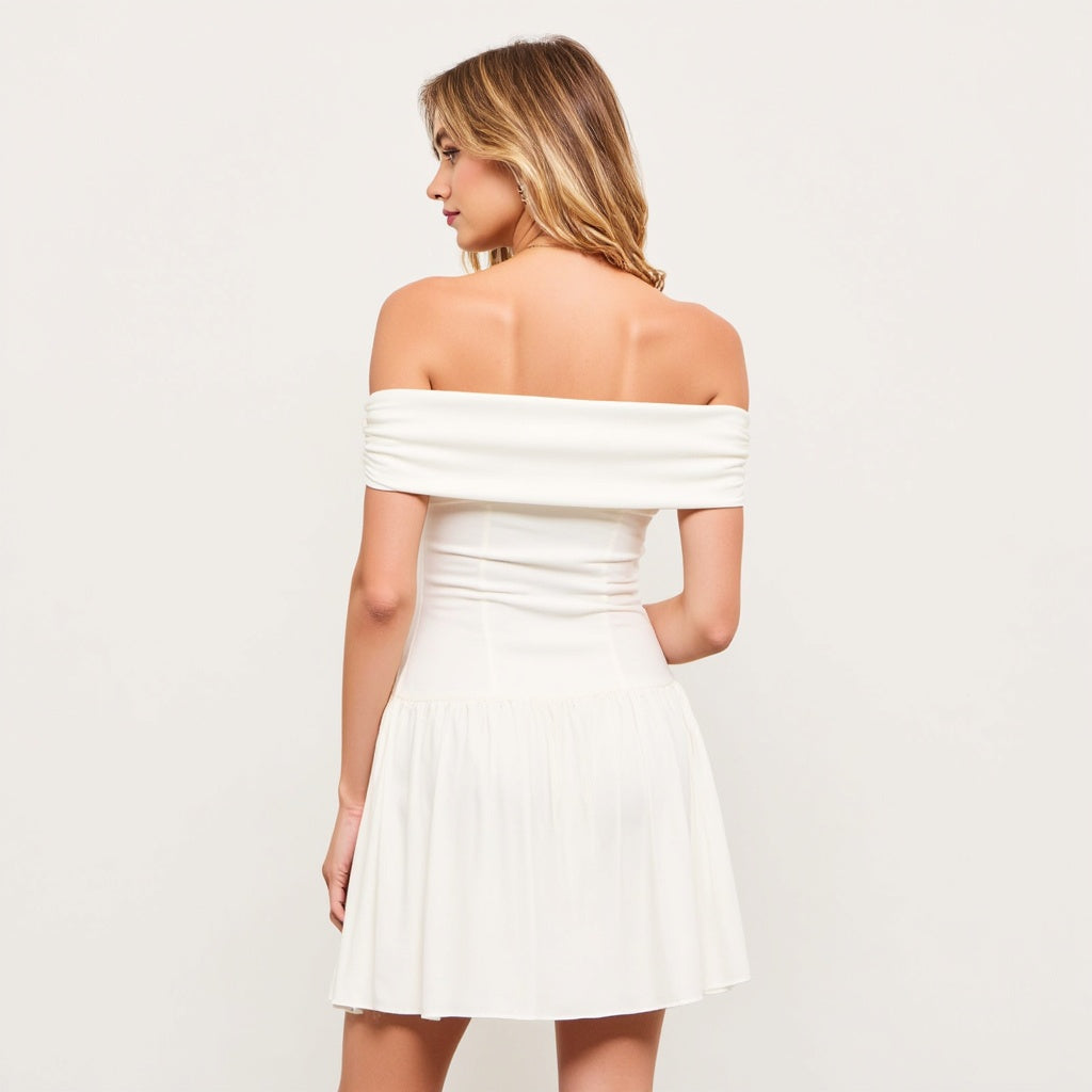 Off-Shoulder Ruched Bodice Mini Dress with Flowy Skirt