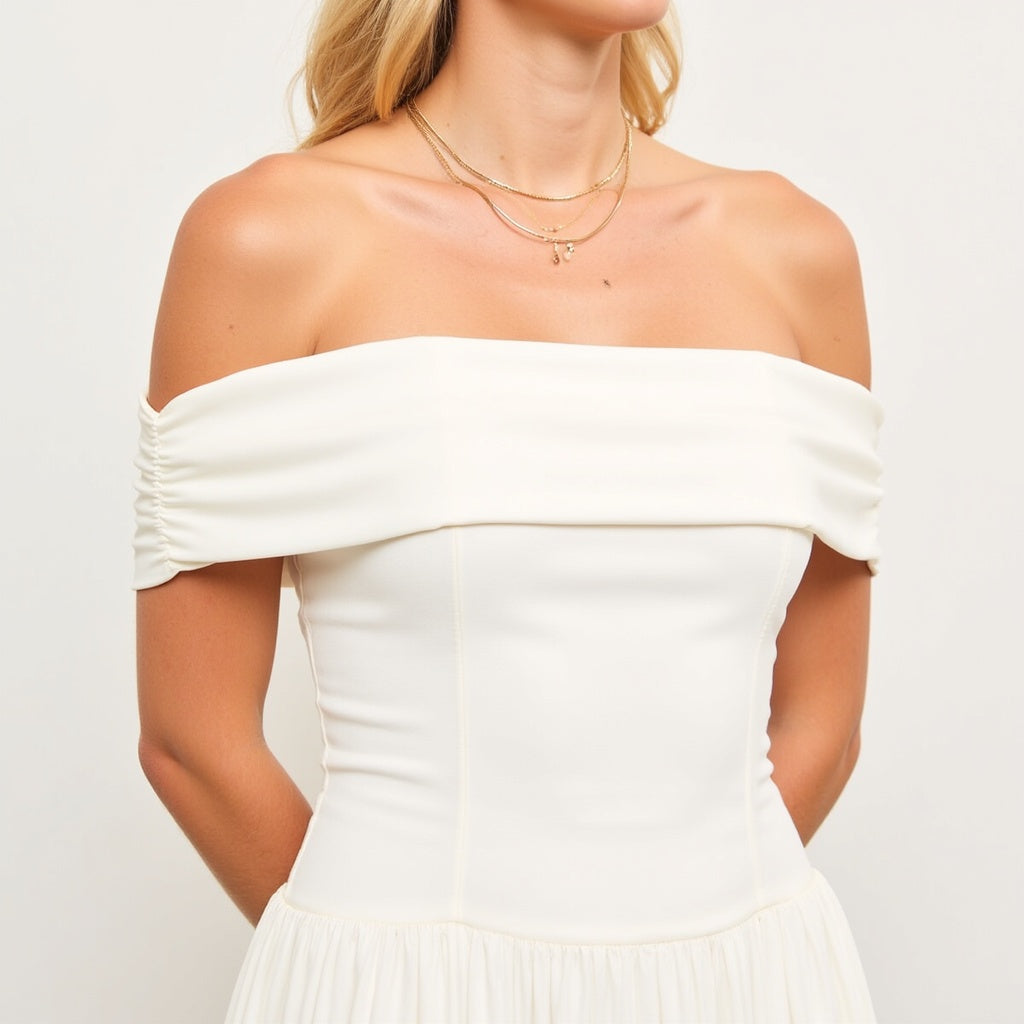 Off-Shoulder Ruched Bodice Mini Dress with Flowy Skirt