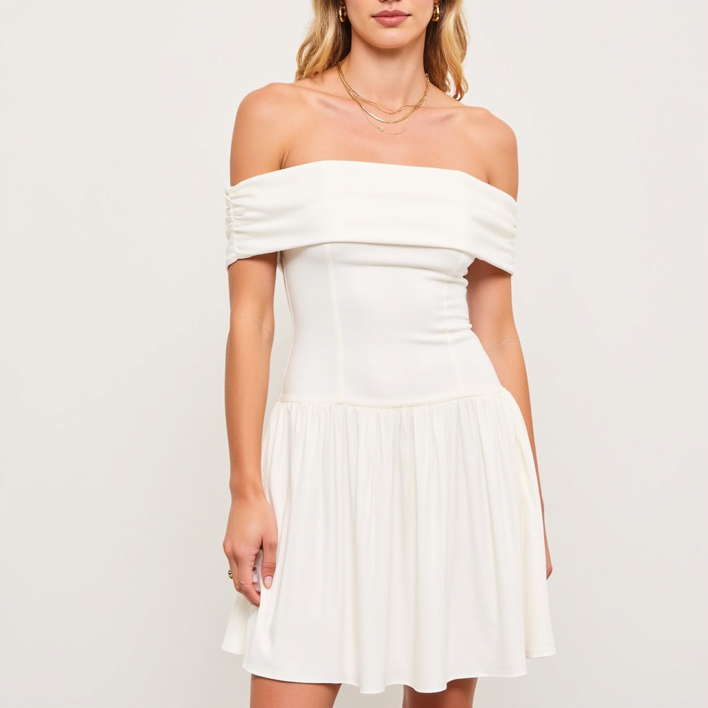 Off-Shoulder Ruched Bodice Mini Dress with Flowy Skirt