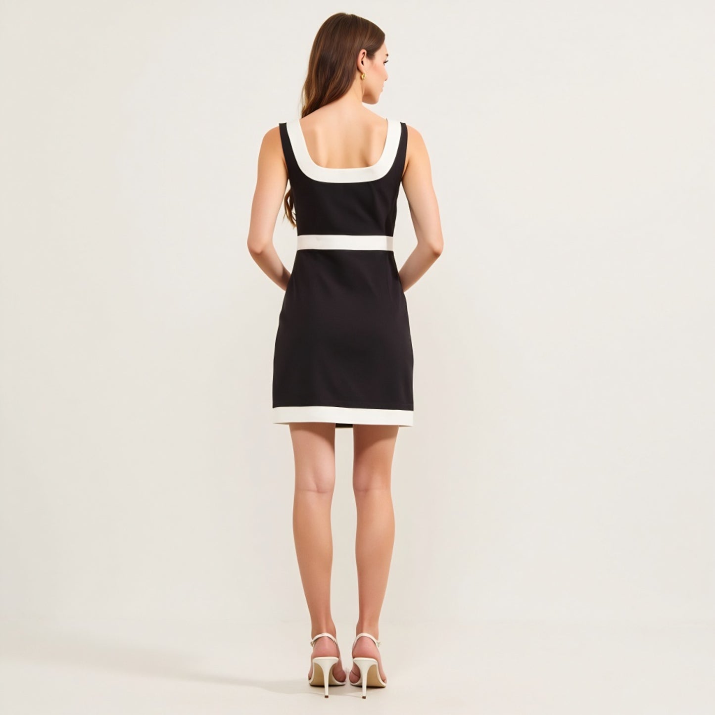 Black Sleeveless Mini Dress with Contrast Trim and Square Neckline