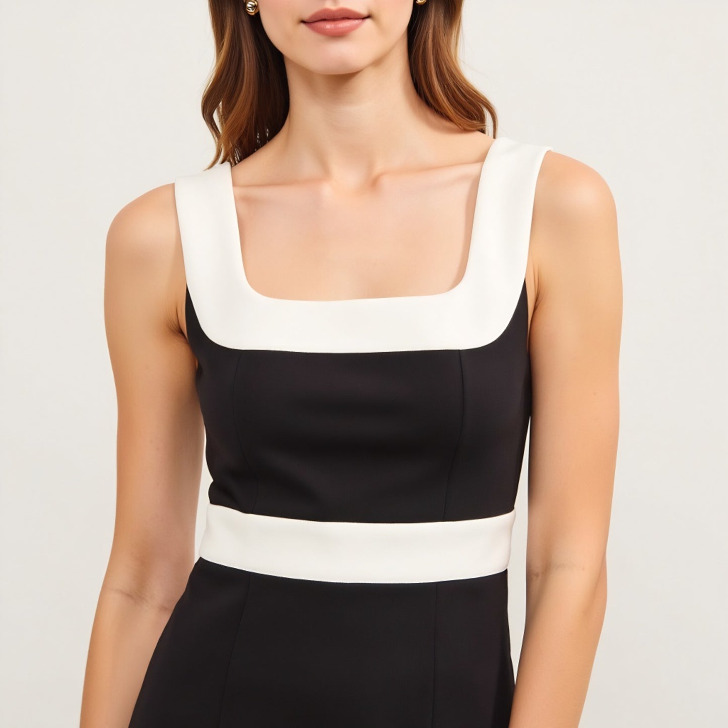 Black Sleeveless Mini Dress with Contrast Trim and Square Neckline