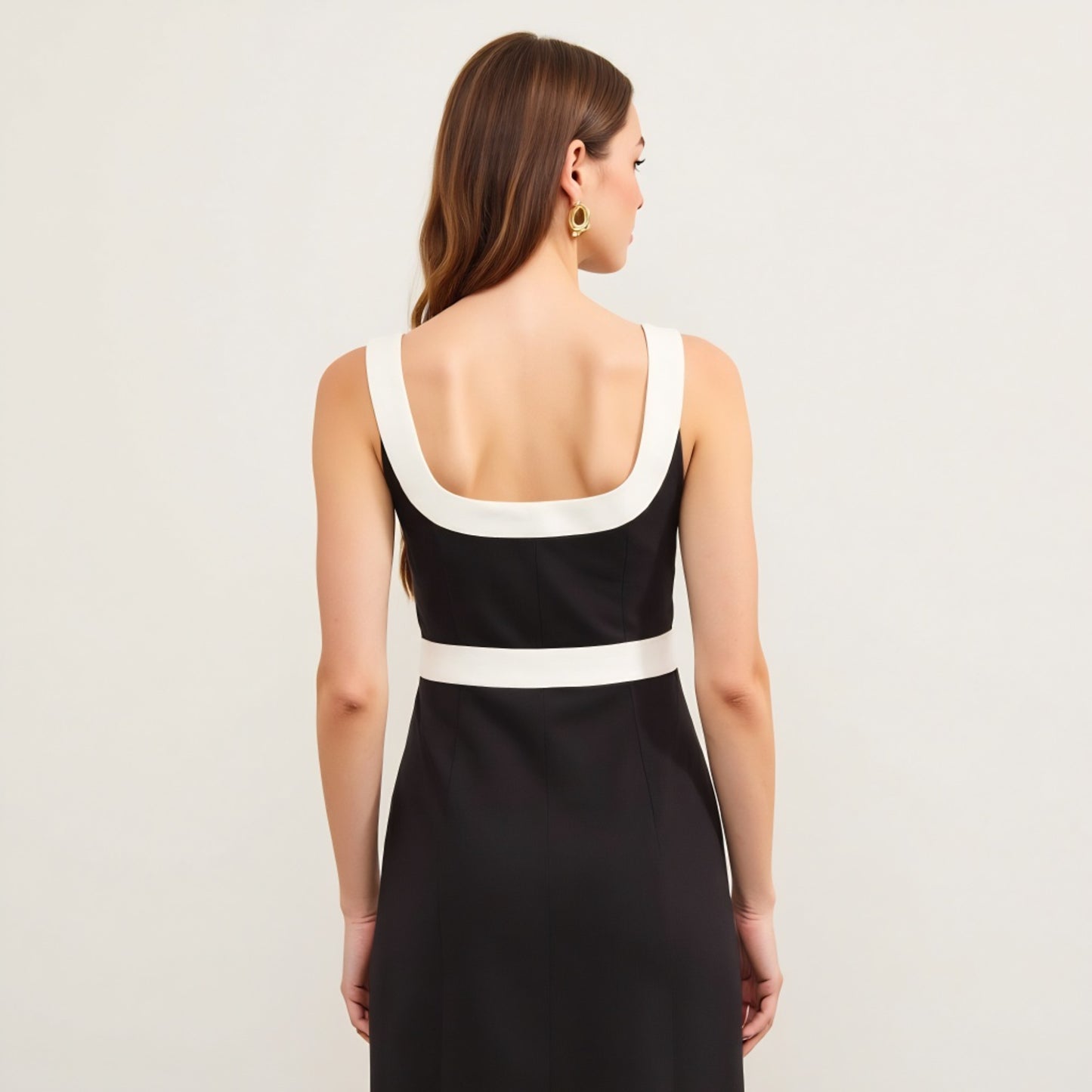 Black Sleeveless Mini Dress with Contrast Trim and Square Neckline