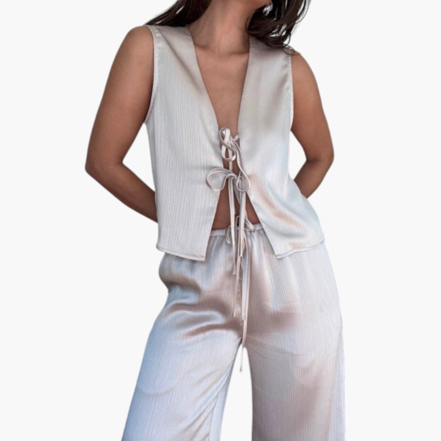 Sleeveless Tie-Front Top and Wide-Leg Pant Set in Lustrous Finish