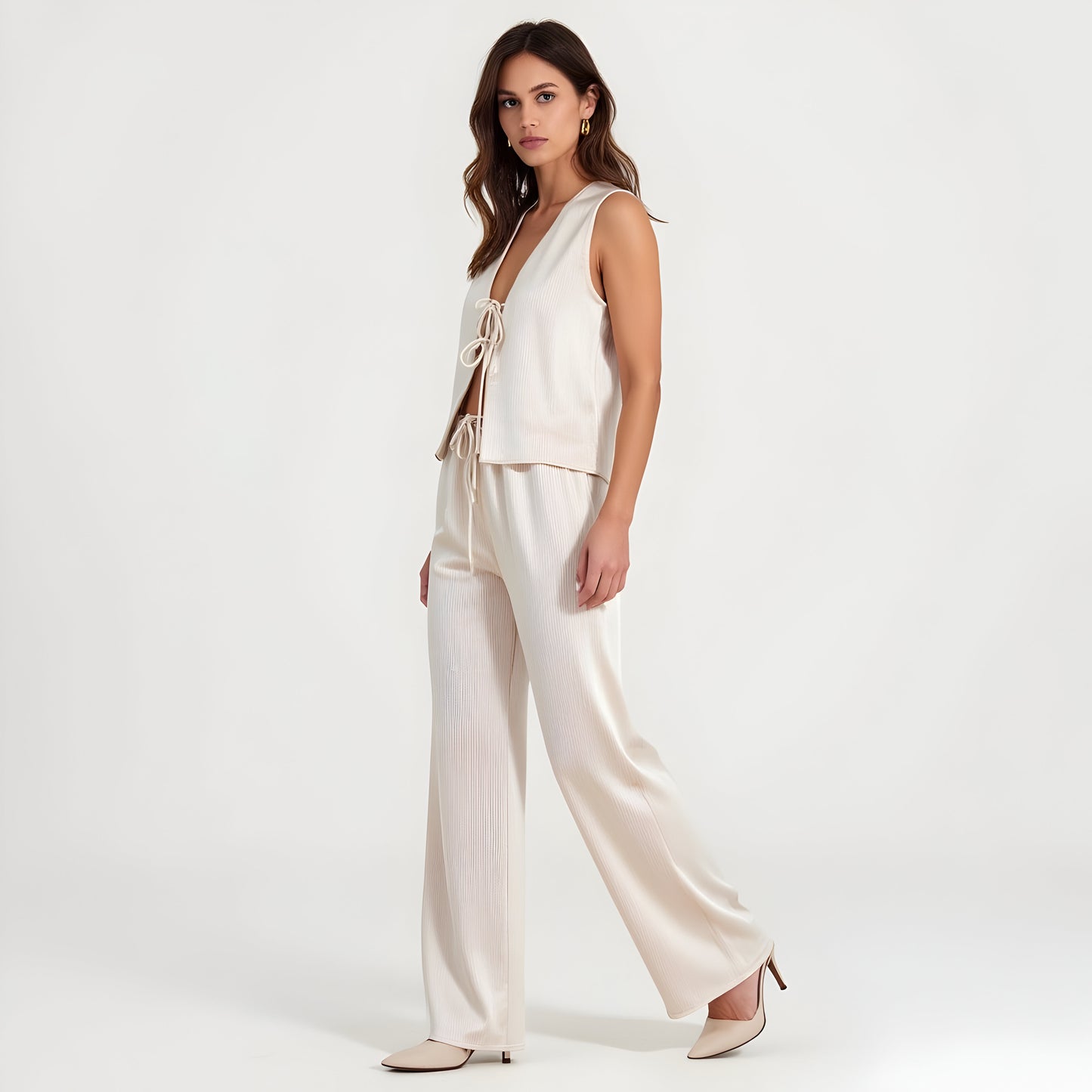 Sleeveless Tie-Front Top and Wide-Leg Pant Set in Lustrous Finish