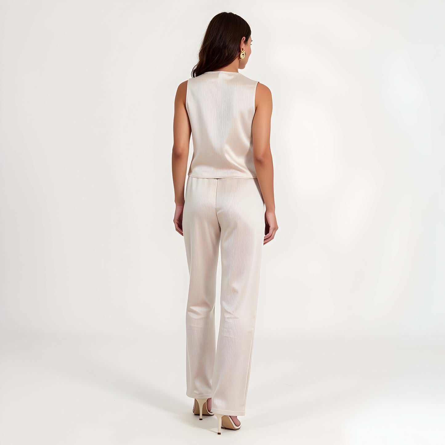 Sleeveless Tie-Front Top and Wide-Leg Pant Set in Lustrous Finish