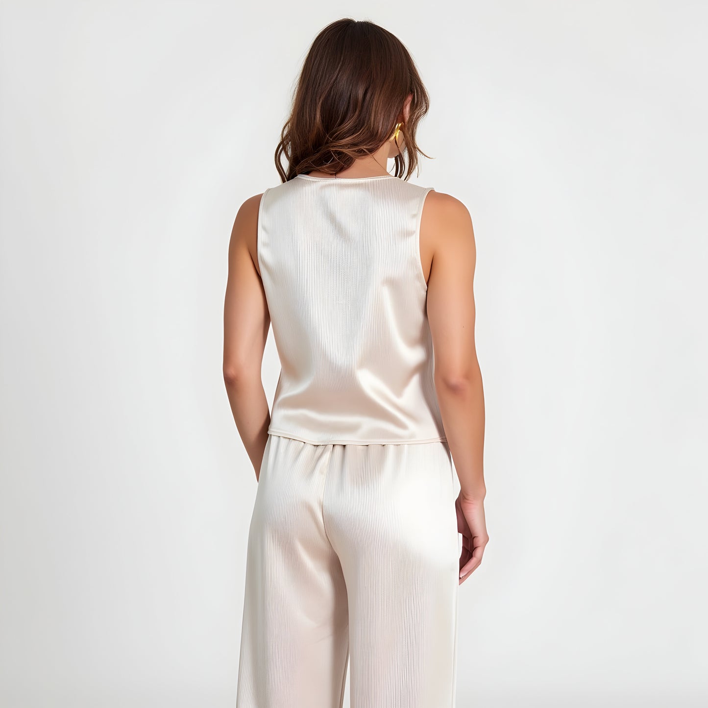 Sleeveless Tie-Front Top and Wide-Leg Pant Set in Lustrous Finish