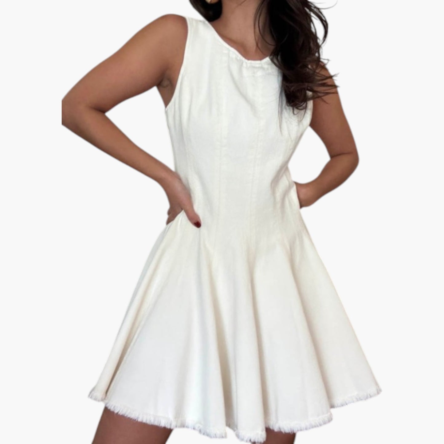 Sleeveless Fit and Flare Dress with Raw Edge Hem and Seam Detailing