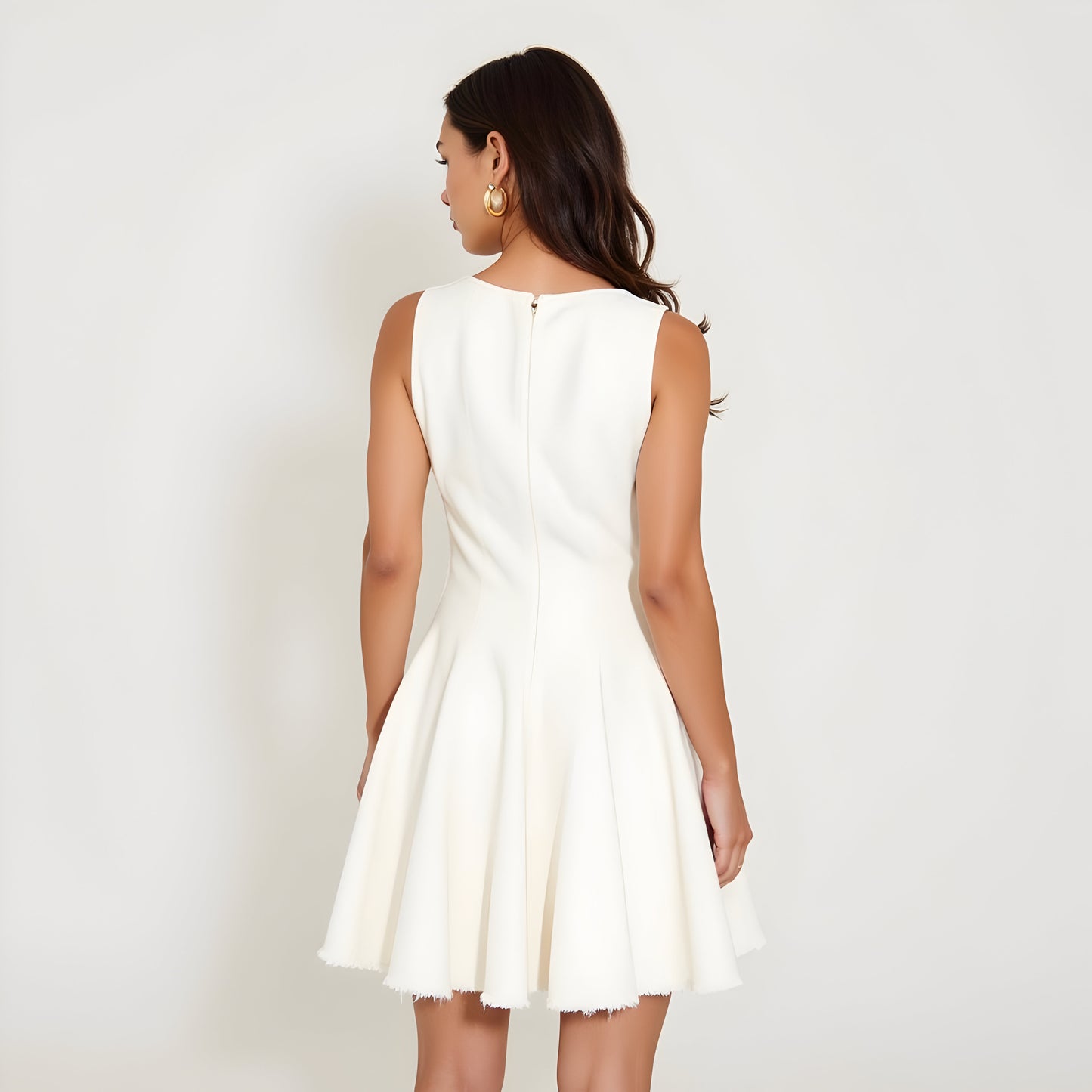 Sleeveless Fit and Flare Dress with Raw Edge Hem and Seam Detailing