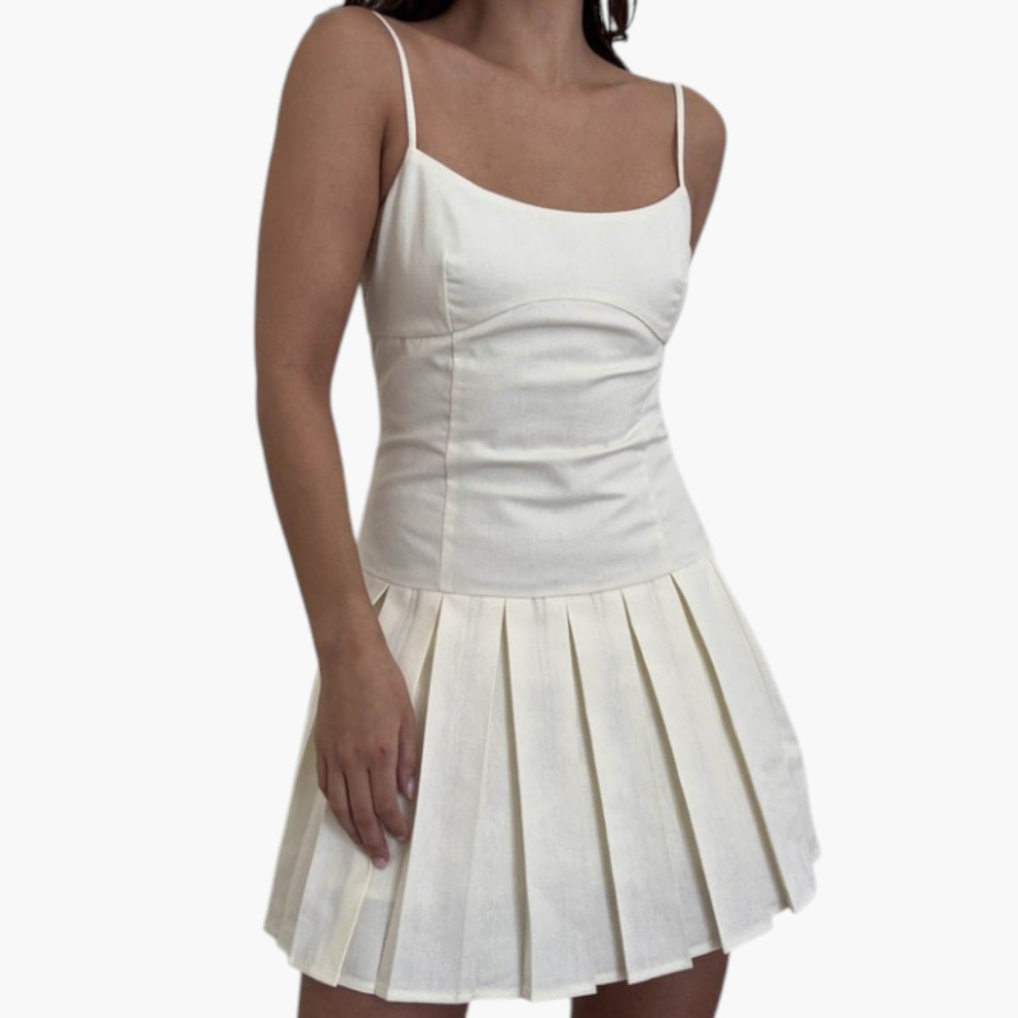 Fit-and-Flare Pleated Mini Dress with Spaghetti Straps and Scoop Neck