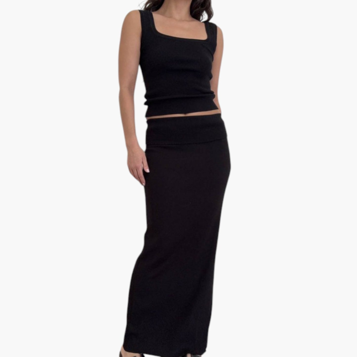Square Neck Crop Top and Maxi Skirt Set with Ribbed Knit Texture