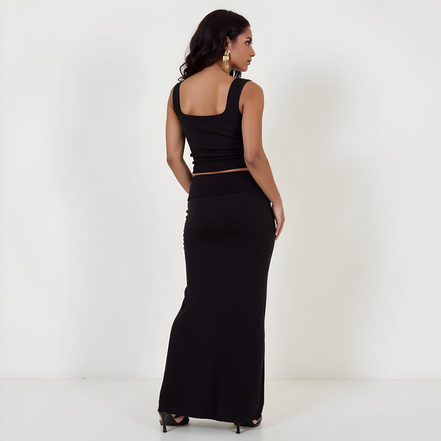 Square Neck Crop Top and Maxi Skirt Set with Ribbed Knit Texture