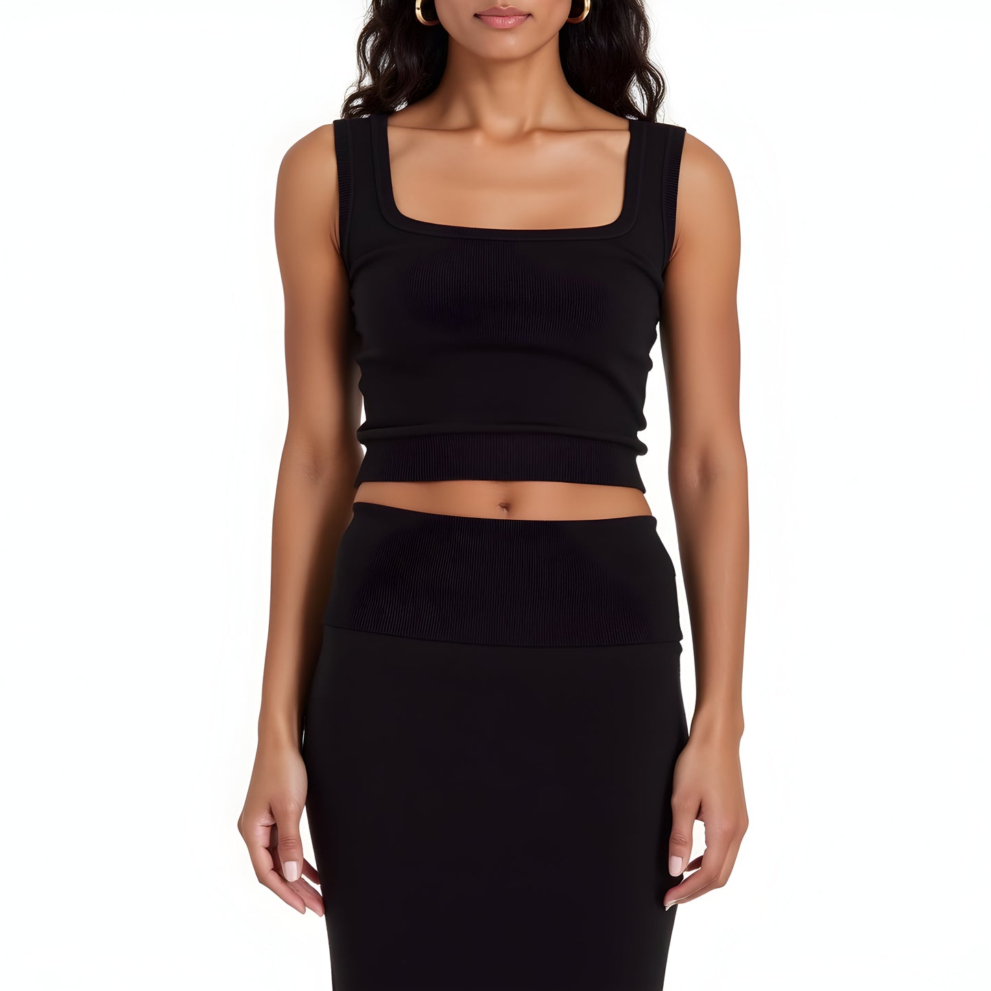 Square Neck Crop Top and Maxi Skirt Set with Ribbed Knit Texture