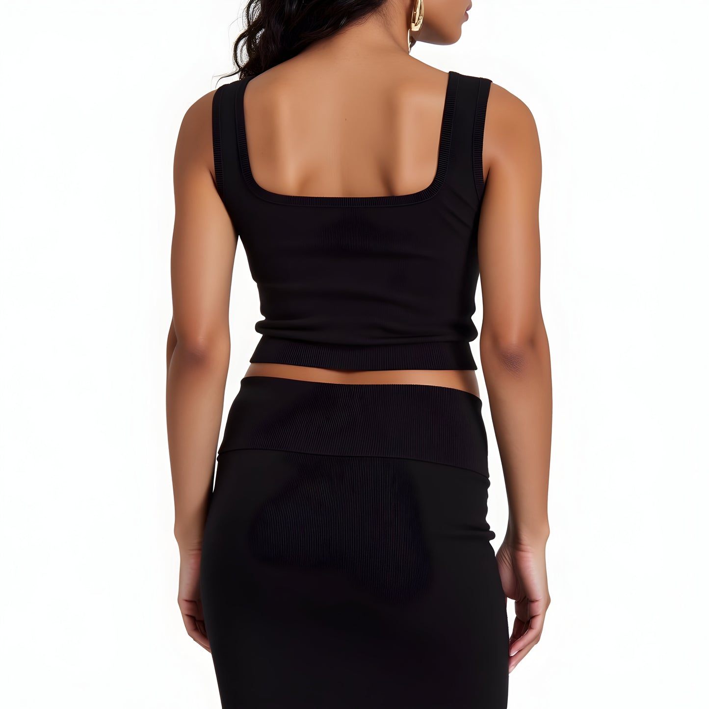 Square Neck Crop Top and Maxi Skirt Set with Ribbed Knit Texture