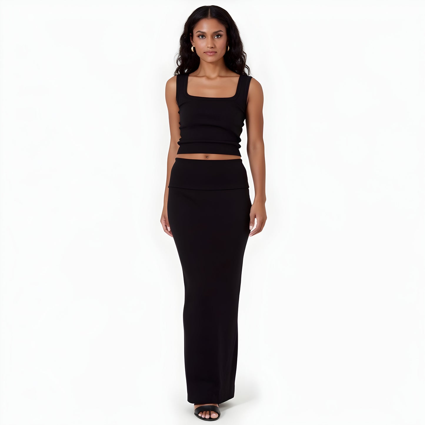 Square Neck Crop Top and Maxi Skirt Set with Ribbed Knit Texture