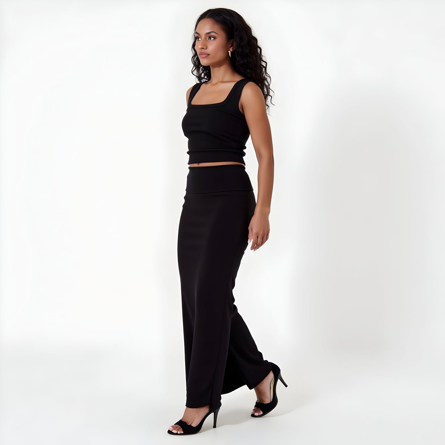 Square Neck Crop Top and Maxi Skirt Set with Ribbed Knit Texture