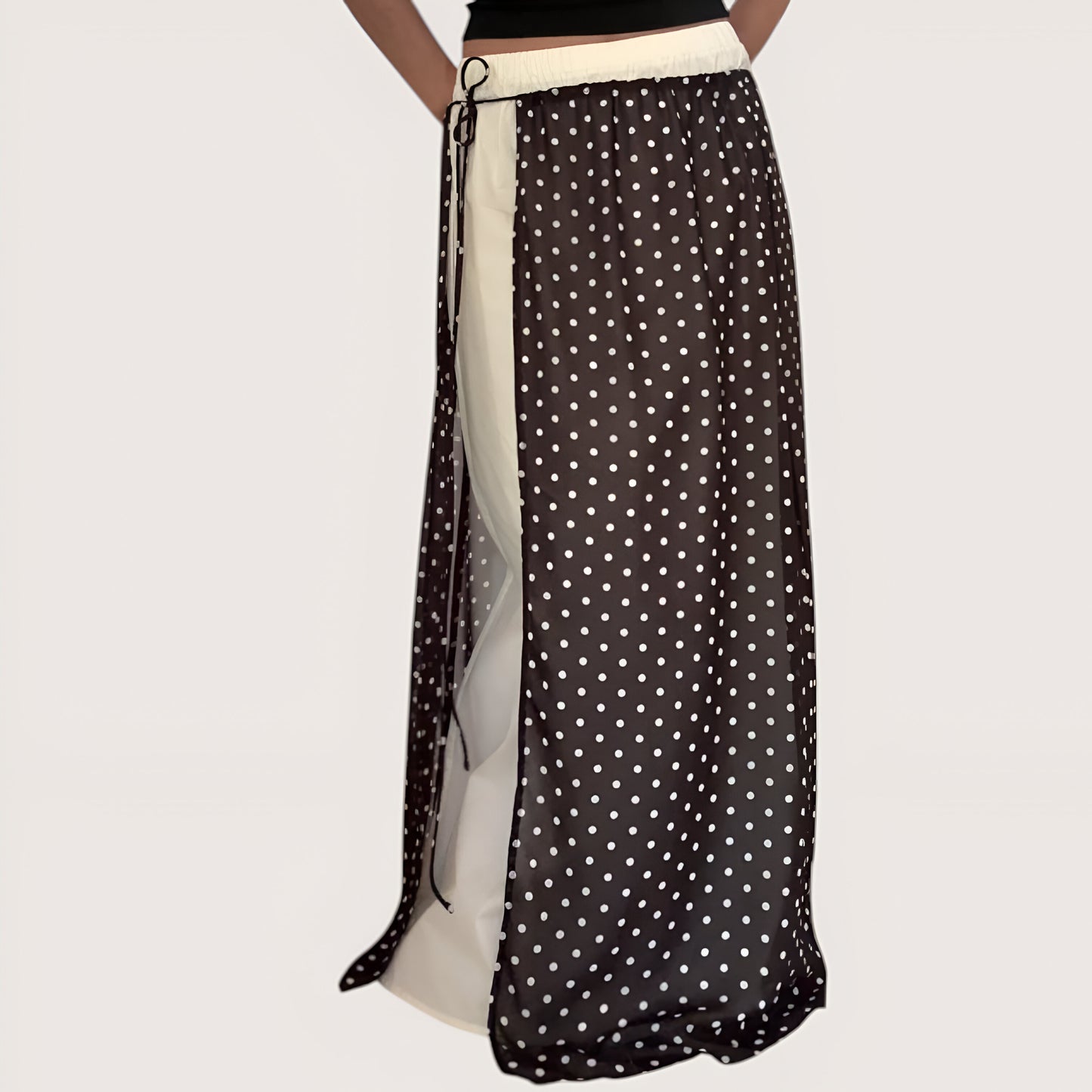 Polka Dot Overlay Maxi Skirt with Side Tie and Contrast Panels