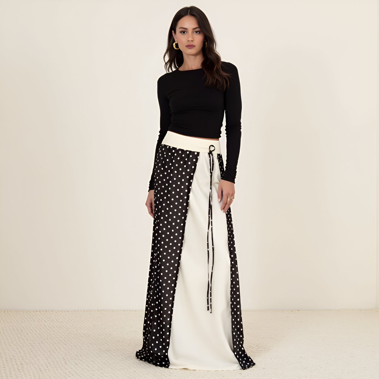 Polka Dot Overlay Maxi Skirt with Side Tie and Contrast Panels