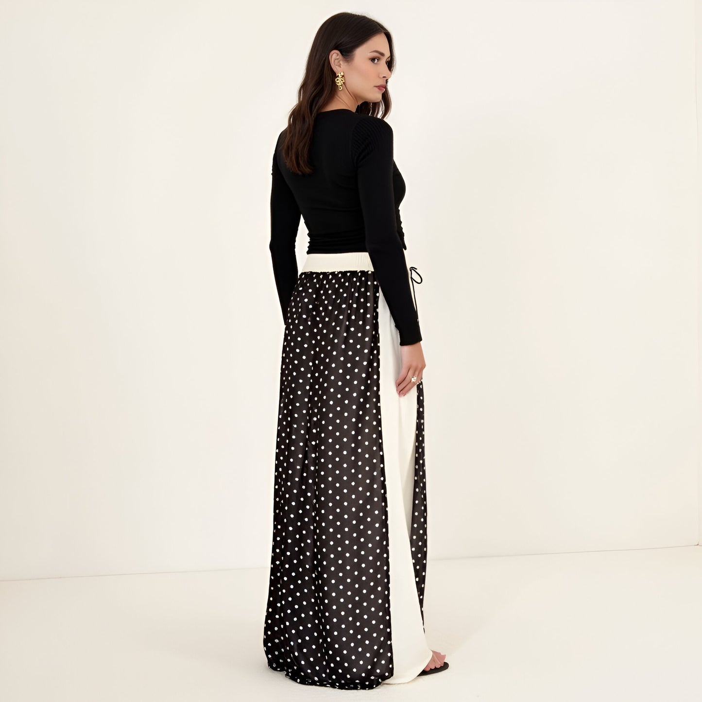 Polka Dot Overlay Maxi Skirt with Side Tie and Contrast Panels