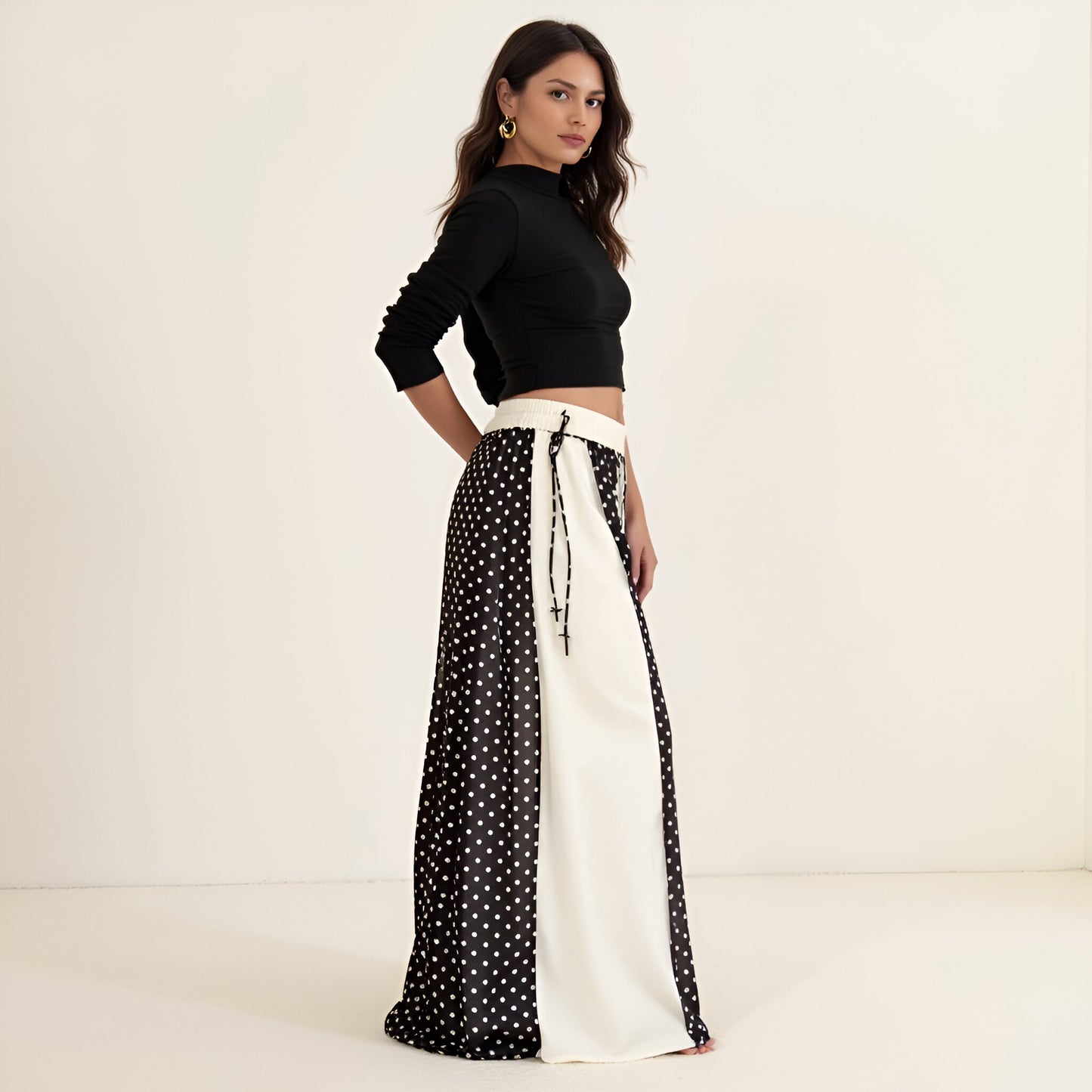 Polka Dot Overlay Maxi Skirt with Side Tie and Contrast Panels