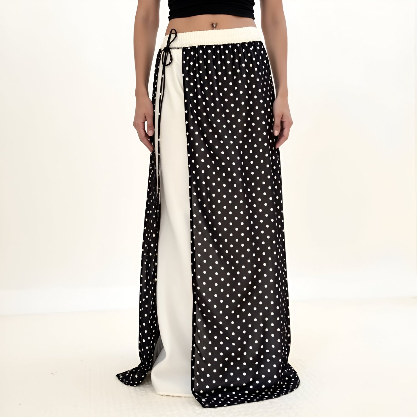 Polka Dot Overlay Maxi Skirt with Side Tie and Contrast Panels