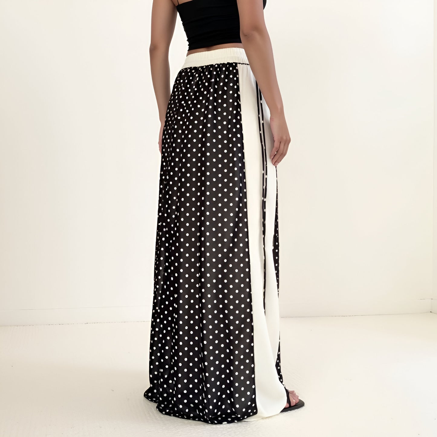 Polka Dot Overlay Maxi Skirt with Side Tie and Contrast Panels