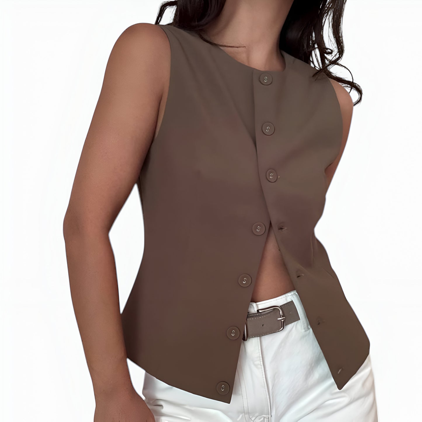 Sleeveless Asymmetric Button-Up Top with Tailored Fit and Scoop Neckline