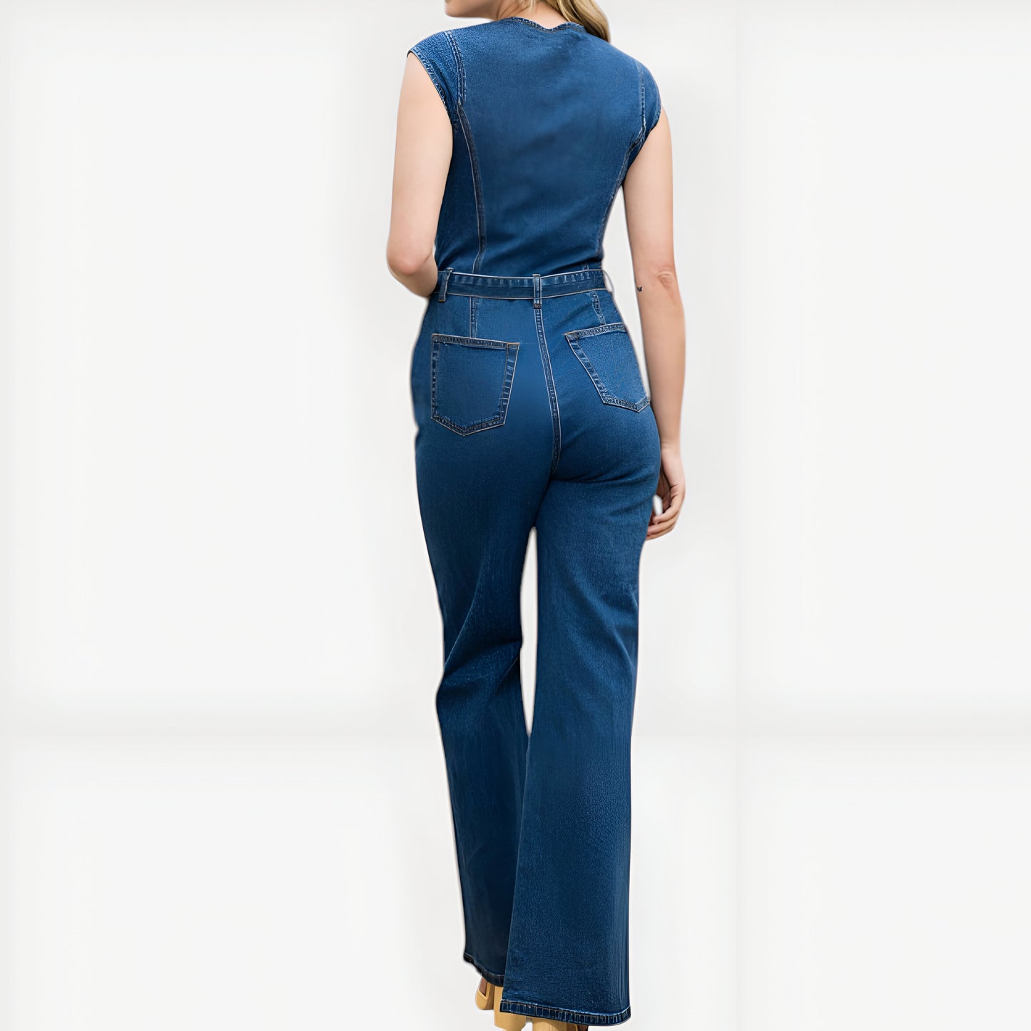 Denim Zip Front Jumpsuit with Belt, Sweetheart Neckline and Wide Legs