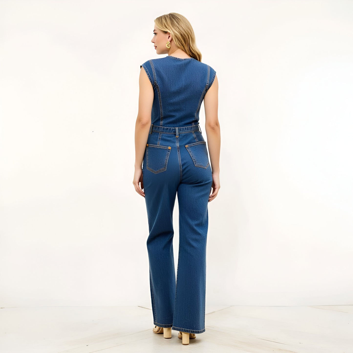 Denim Zip Front Jumpsuit with Belt, Sweetheart Neckline and Wide Legs
