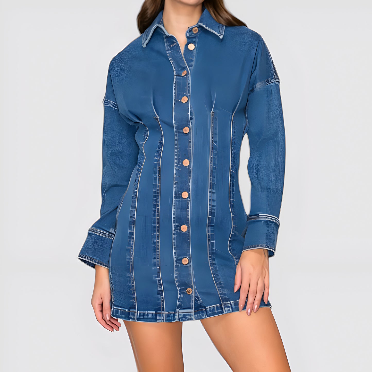 Denim Button Front Mini Dress with Long Sleeves and Contrast Seaming