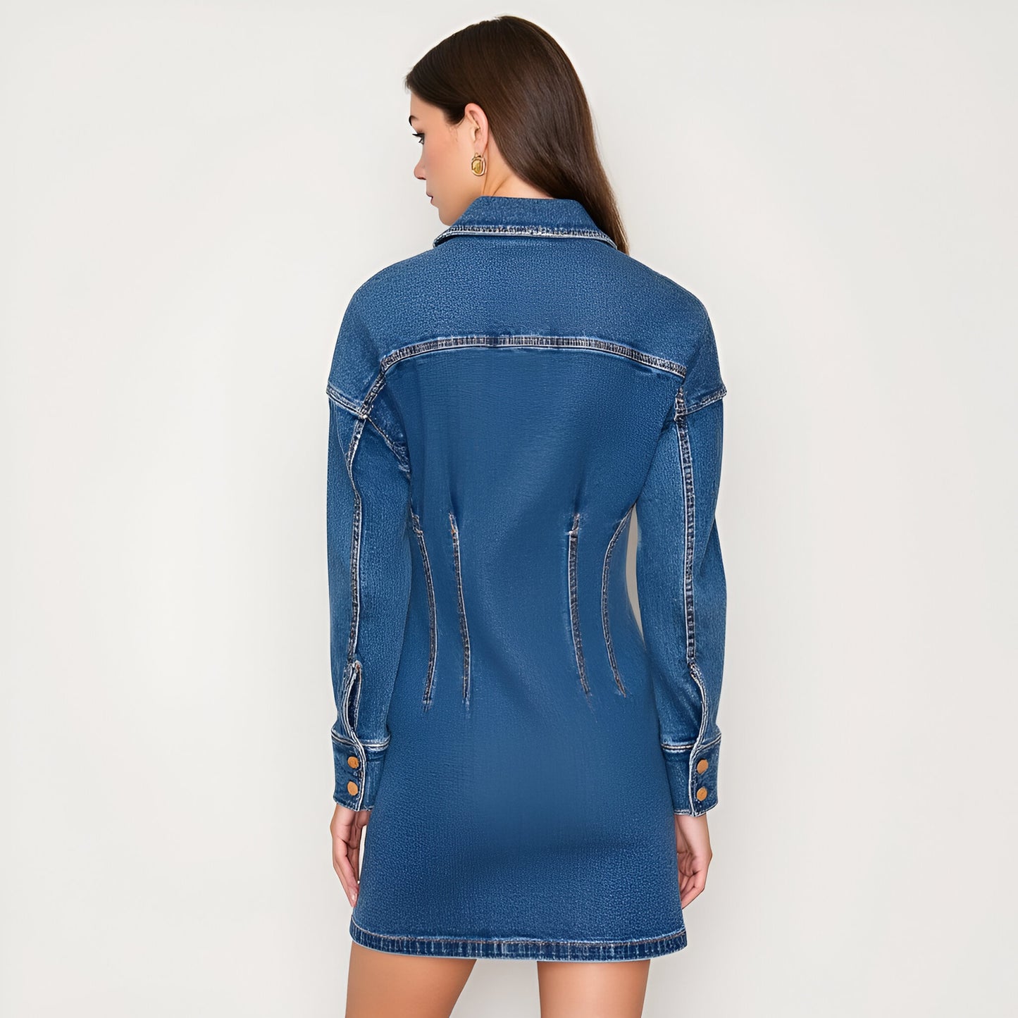 Denim Button Front Mini Dress with Long Sleeves and Contrast Seaming