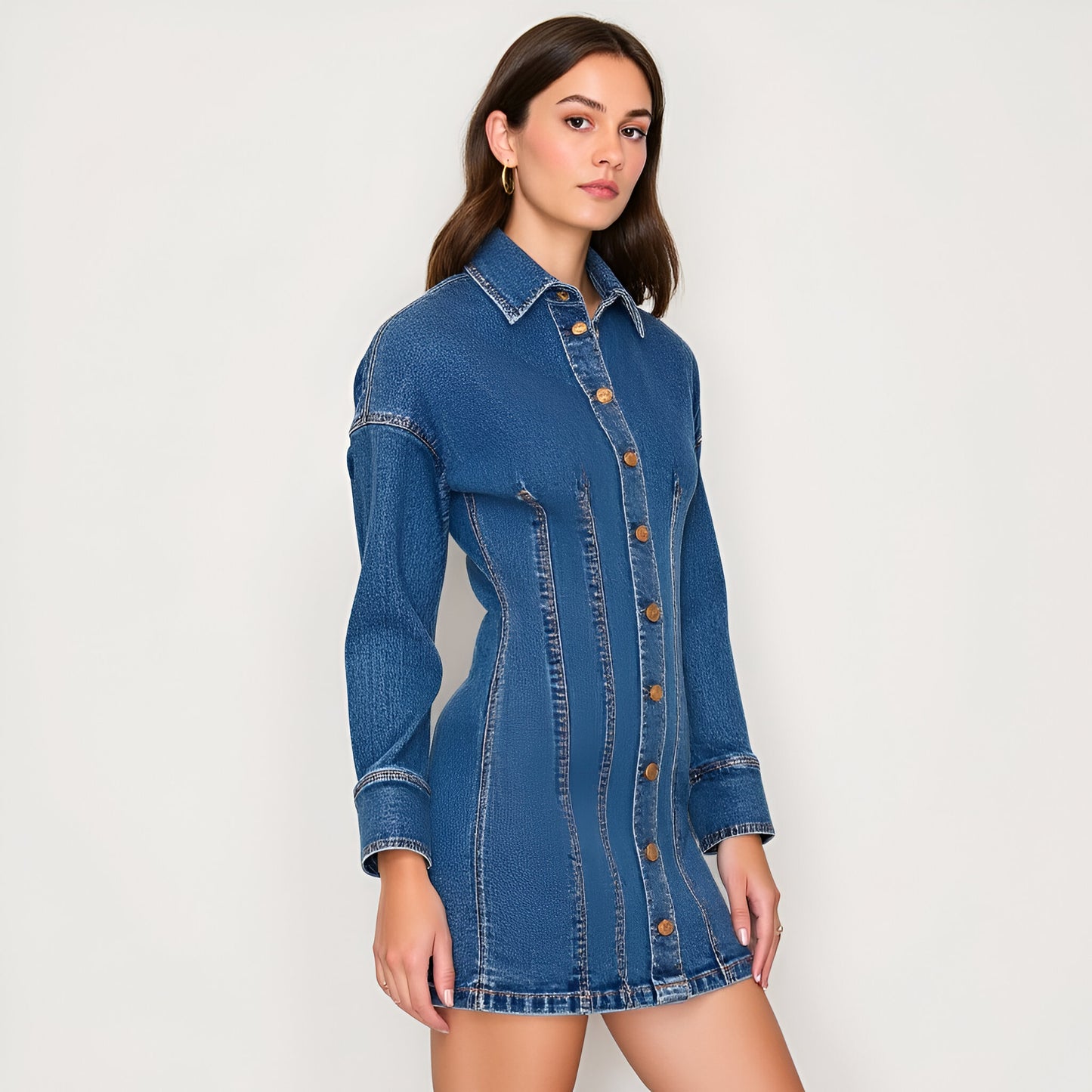 Denim Button Front Mini Dress with Long Sleeves and Contrast Seaming