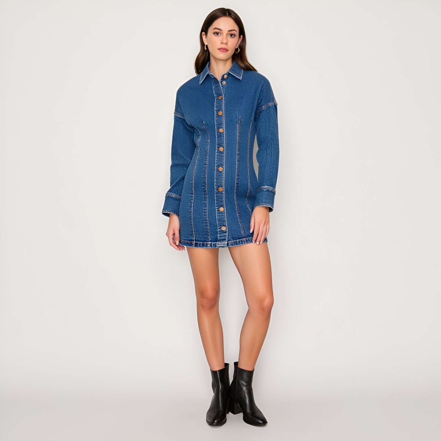 Denim Button Front Mini Dress with Long Sleeves and Contrast Seaming