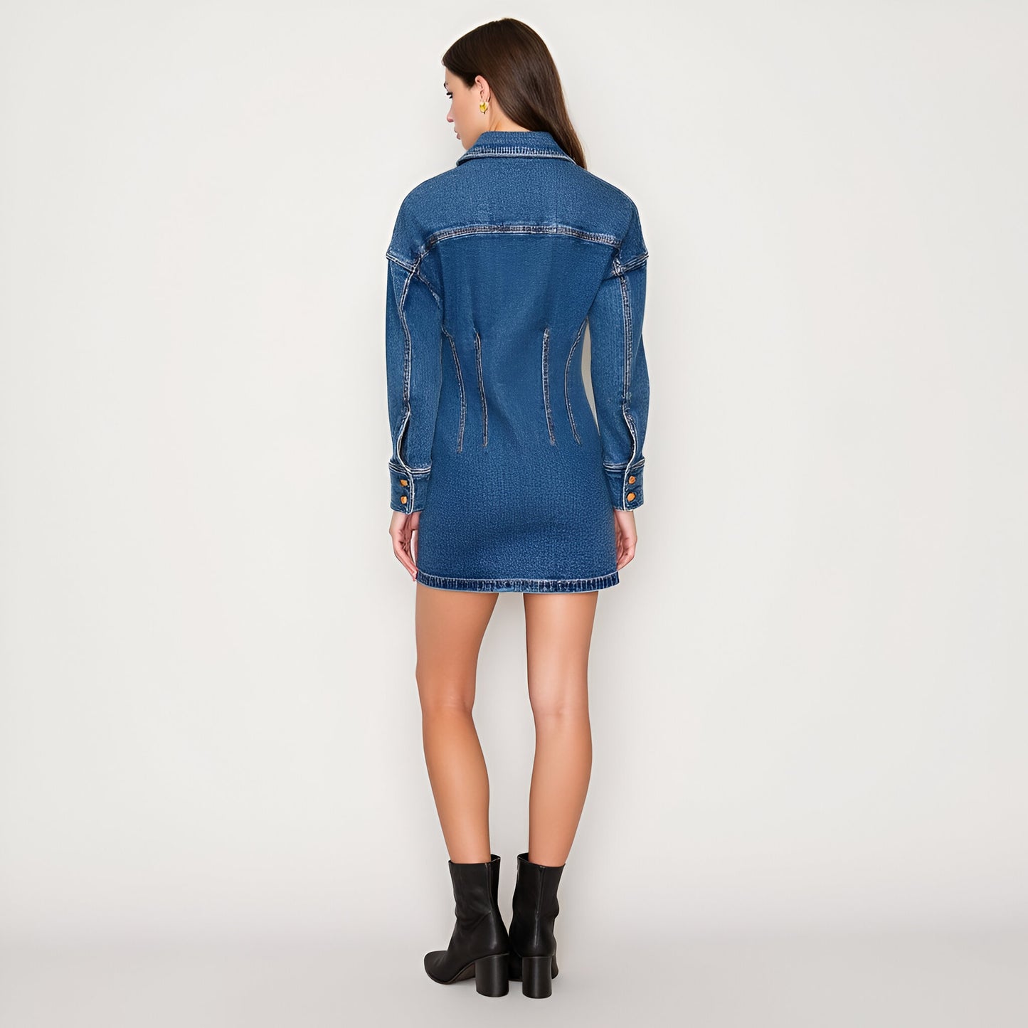 Denim Button Front Mini Dress with Long Sleeves and Contrast Seaming