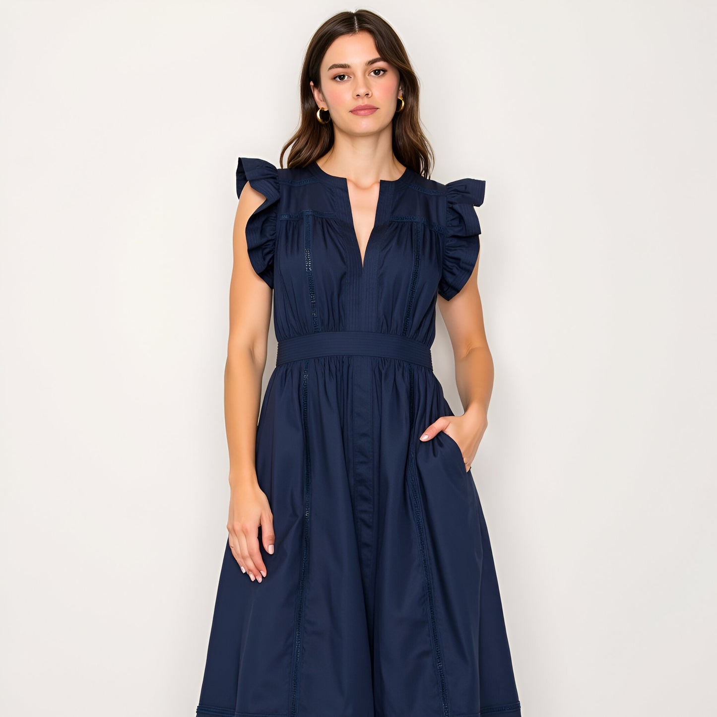 Flutter Sleeve Midi Dress with Deep V-Neckline and Tiered Skirt