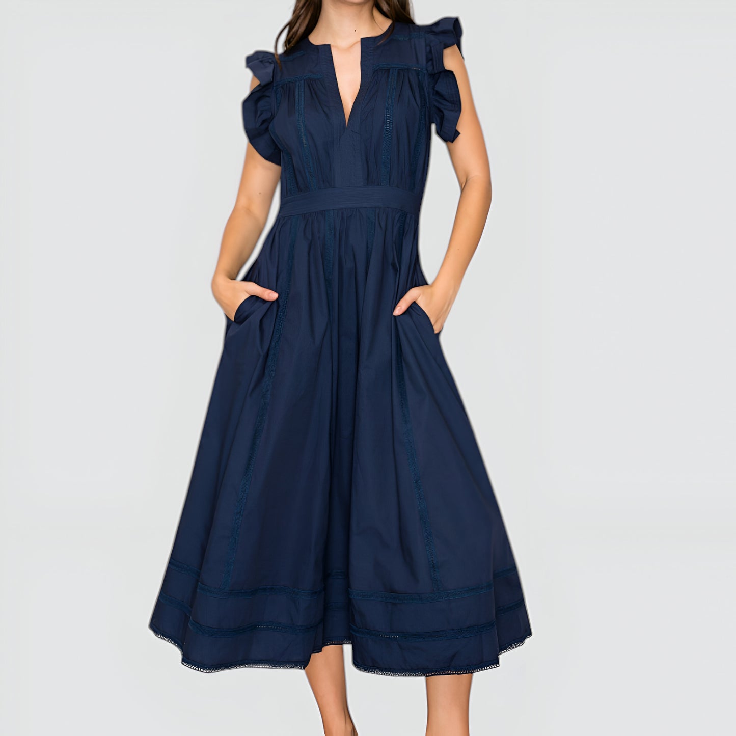 Flutter Sleeve Midi Dress with Deep V-Neckline and Tiered Skirt