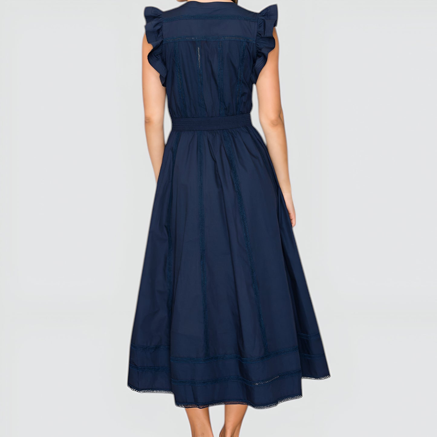 Flutter Sleeve Midi Dress with Deep V-Neckline and Tiered Skirt