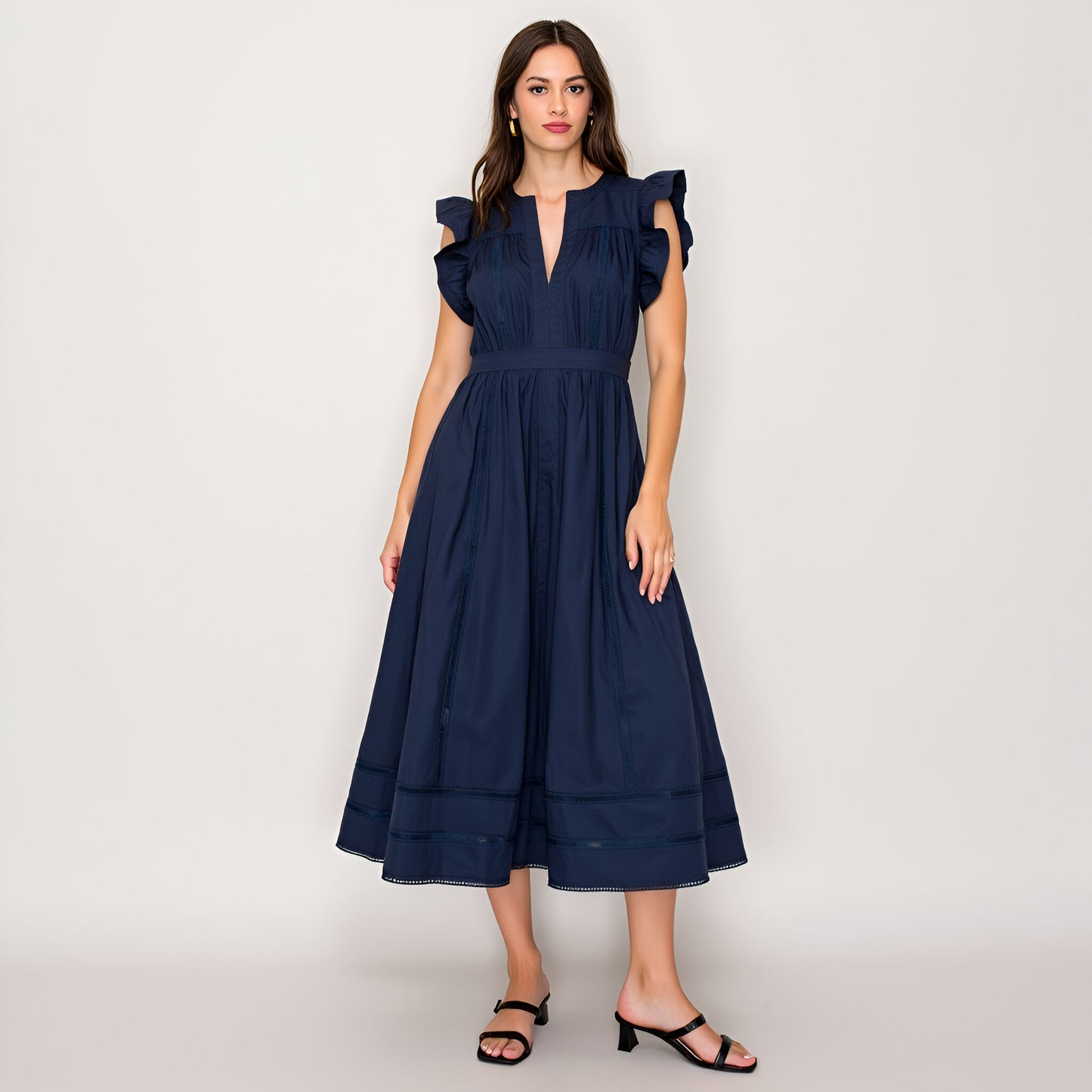 Flutter Sleeve Midi Dress with Deep V-Neckline and Tiered Skirt
