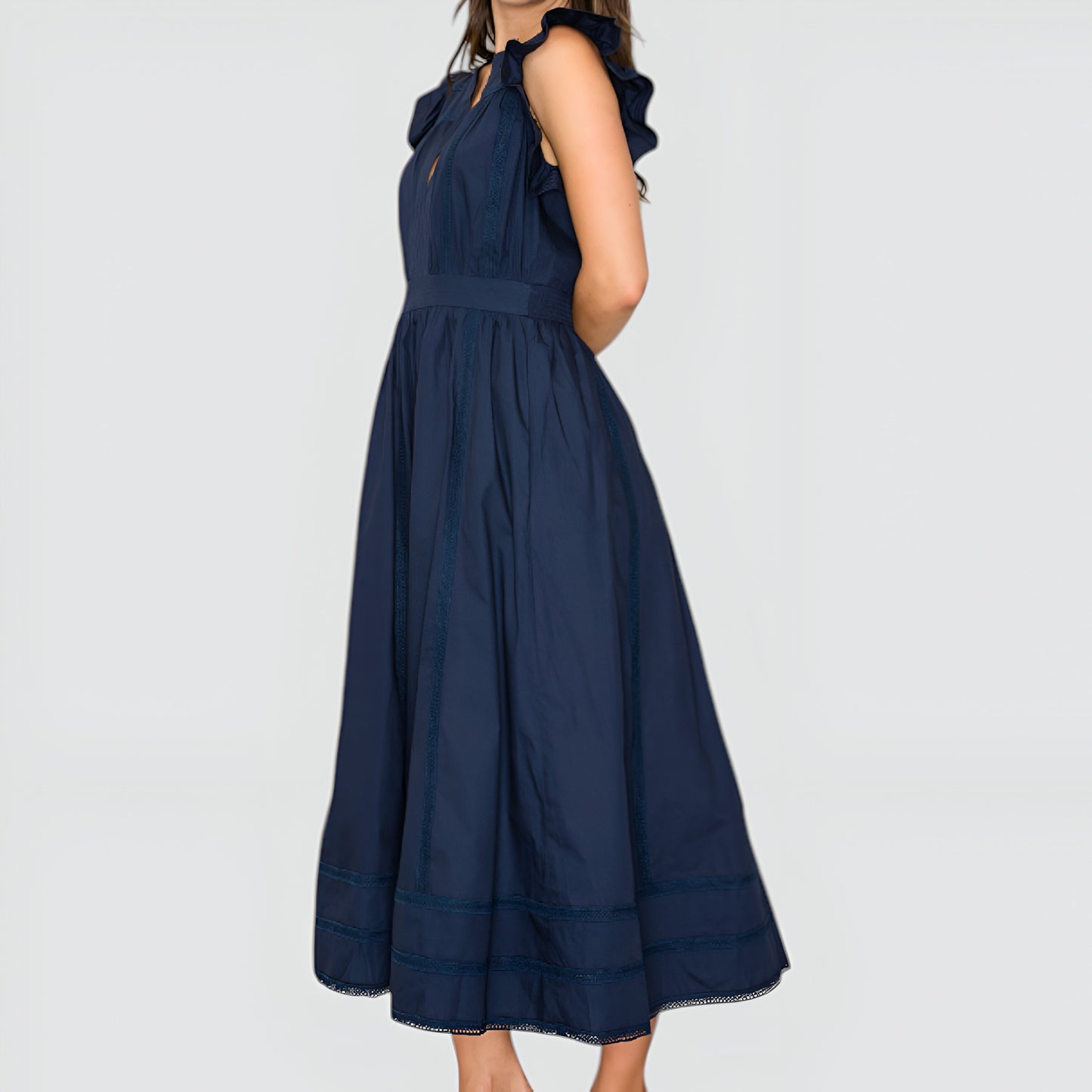 Flutter Sleeve Midi Dress with Deep V-Neckline and Tiered Skirt