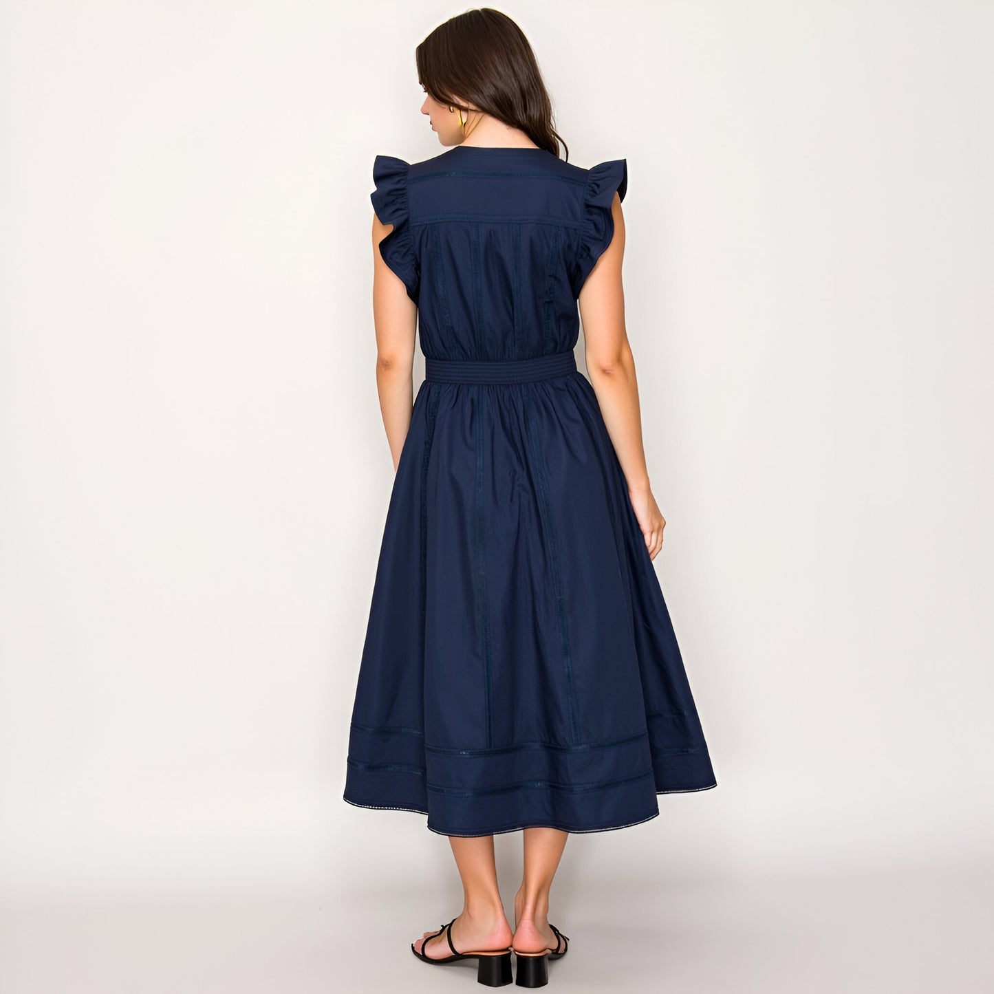 Flutter Sleeve Midi Dress with Deep V-Neckline and Tiered Skirt