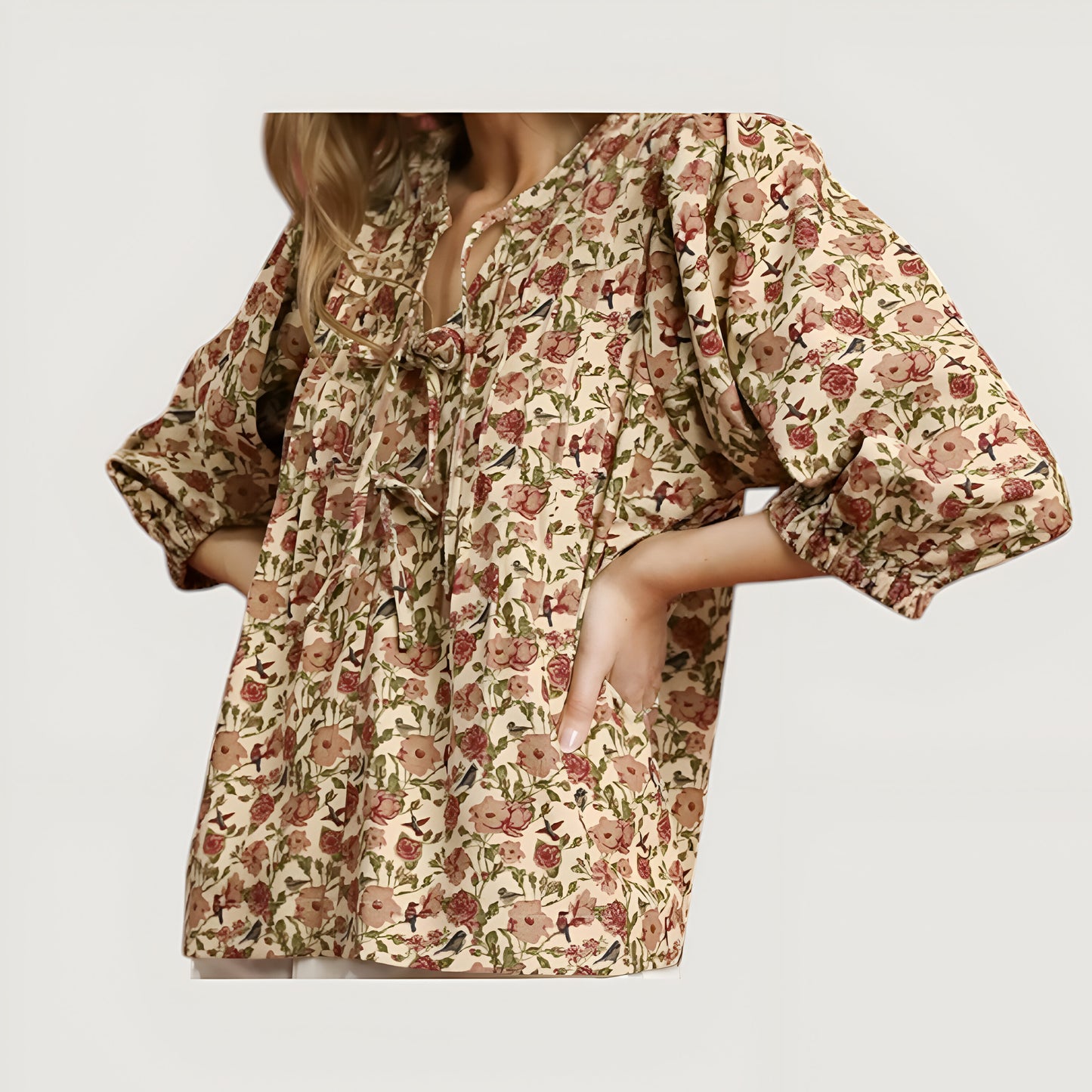 Floral Print 3/4 Sleeve Blouse with Ruffle Trim and Tie Front