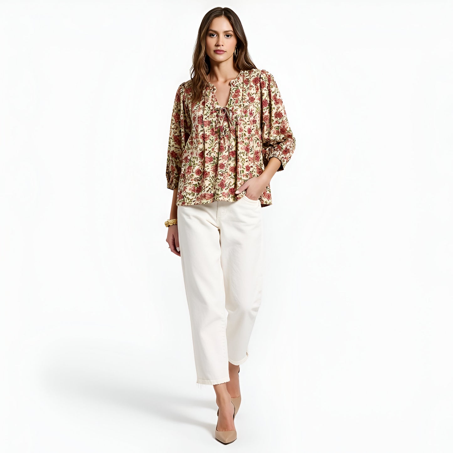 Floral Print 3/4 Sleeve Blouse with Ruffle Trim and Tie Front