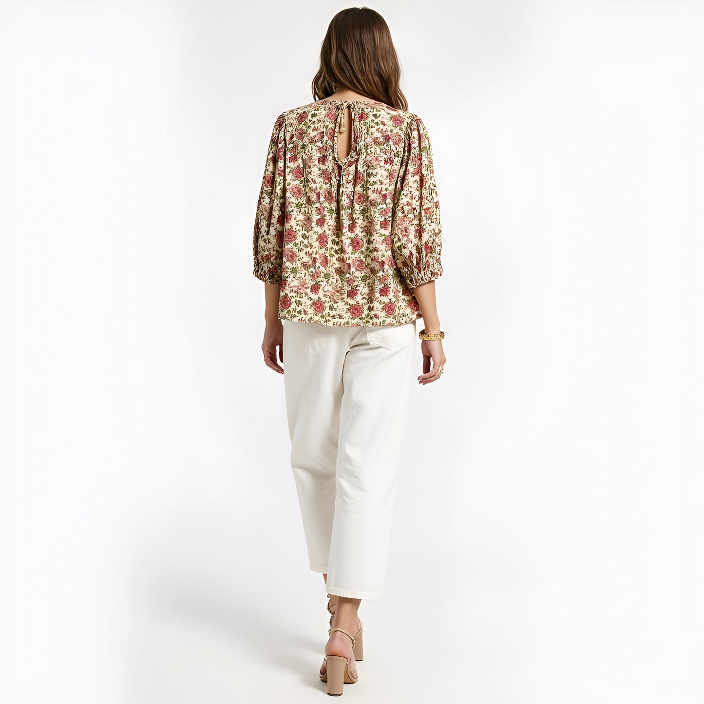 Floral Print 3/4 Sleeve Blouse with Ruffle Trim and Tie Front