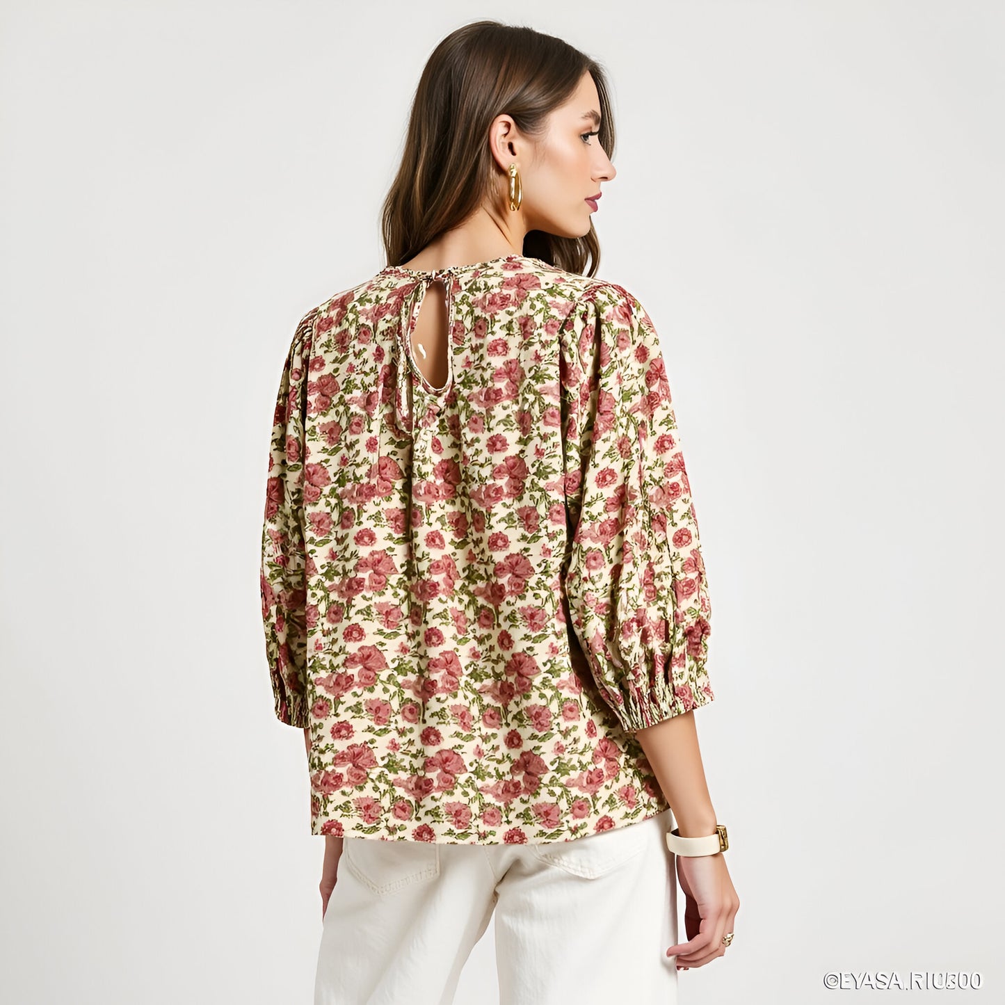 Floral Print 3/4 Sleeve Blouse with Ruffle Trim and Tie Front