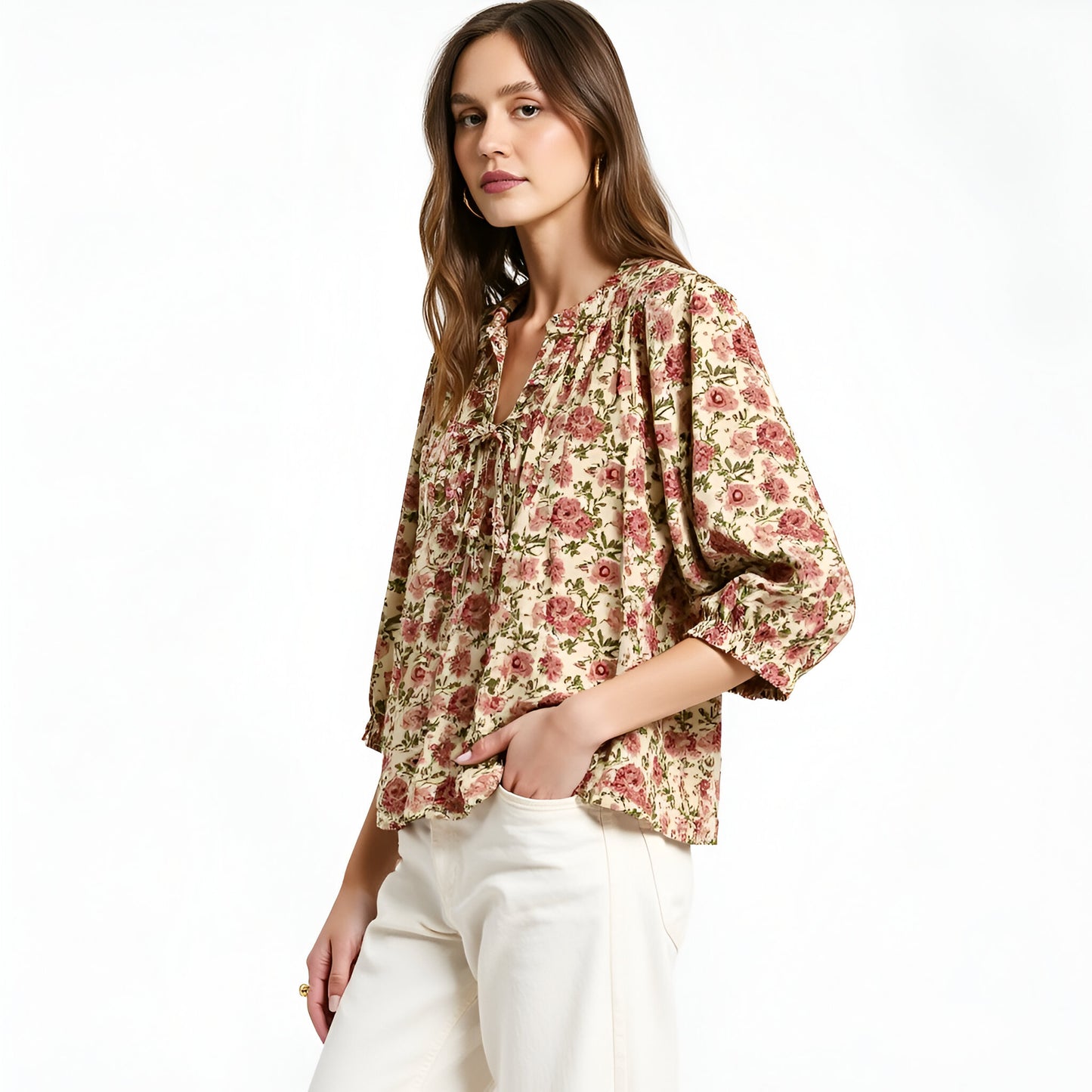 Floral Print 3/4 Sleeve Blouse with Ruffle Trim and Tie Front