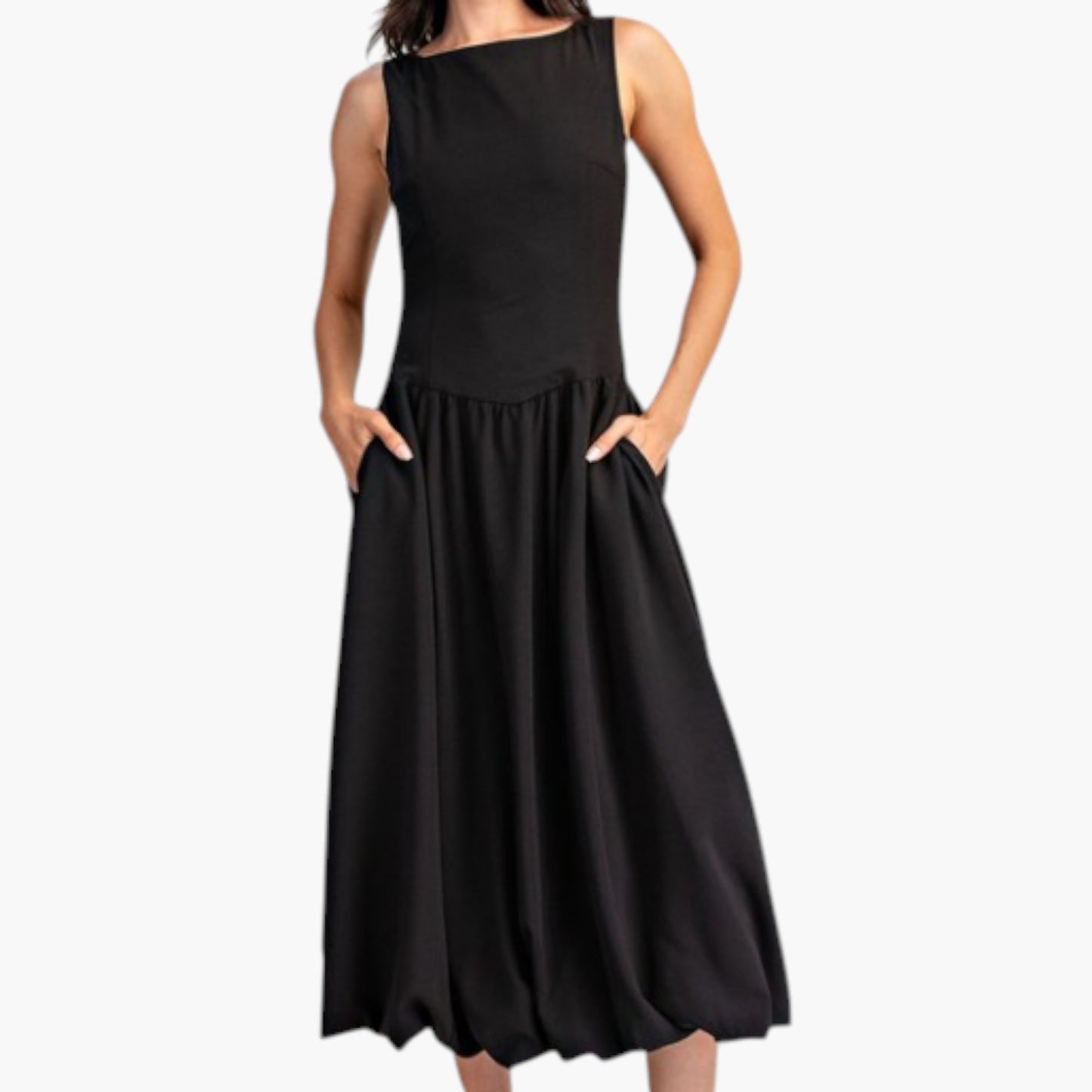 Sleeveless Fit-and-Flare Midi Dress with Gathered Skirt Detail