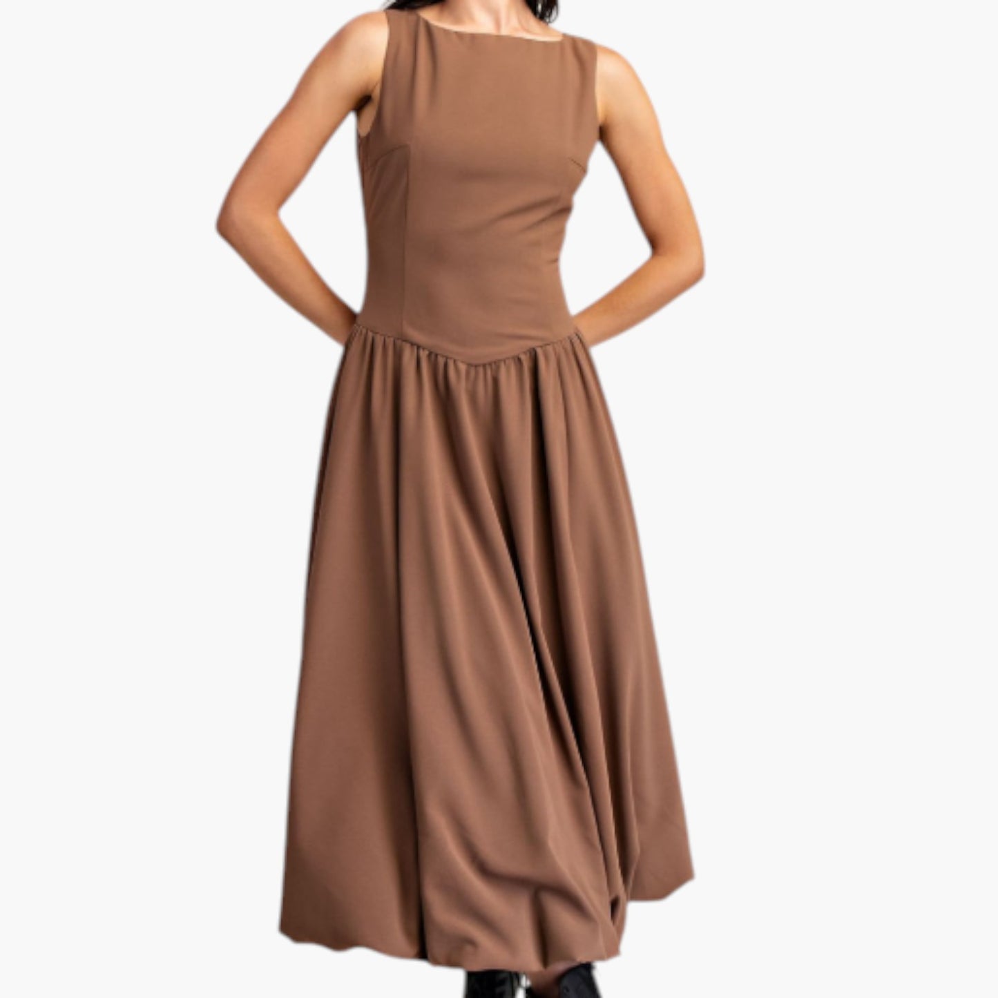 Sleeveless Fit-and-Flare Midi Bubble Hem Dress with Gathered Skirt Detail