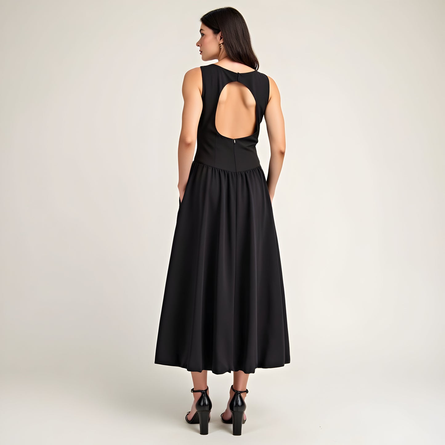 Sleeveless Fit-and-Flare Midi Dress with Gathered Skirt Detail